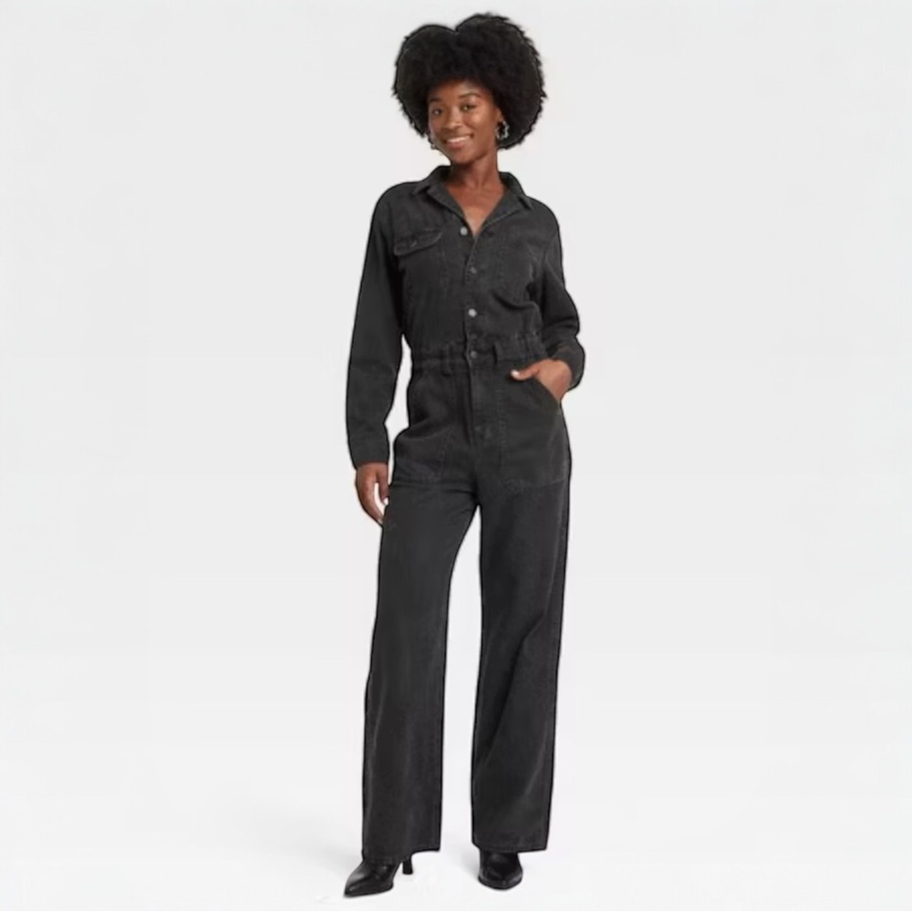 NWT Universal Thread Black Denim Long-Sleeve Straight-Leg Baggy Utility Jumpsuit